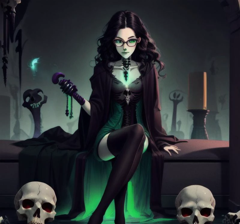 masterpiece, high res, 4k, best quality, beautiful face, detailed face, ultra-detailed, in a fantasy castle, green glow, couch, sitting, androgynous body, skeletal left arm, teenager, young face, Taylor Hebert from web serial Worm, long wavy curly black hair, green eyes, glasses, green lipstick, (NecromancyAI robes) Bone details, long green dress with bone design, black stockings, edgQuality,<lora:NecromancyAI:0.9>, <lora:breastsizeslideroffset:-1>, <lora:edg_DeathKnight:0.6>,