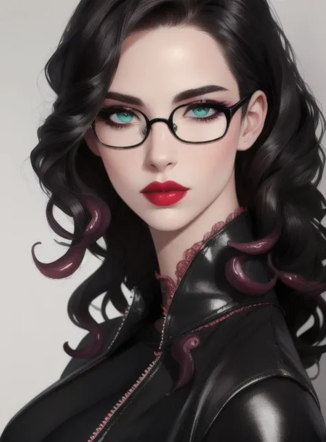 ((masterpiece, high res, 4k, best quality, edgQuality))beautiful face, detailed face, ultra-detailed, well lit, bright light, androgynous body, young face, Taylor Hebert from web serial Worm,  long wavy black hair, green eyes, glasses, wide eyes, red lipstick, tentacle clothes, high heels, jacket, leggings, <lora:tentacle_clothes:1>