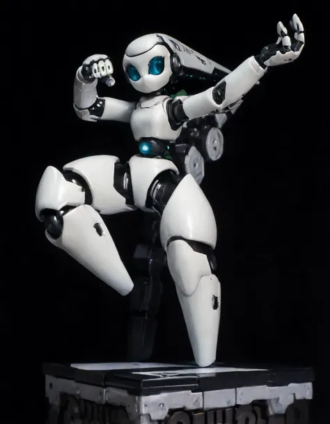 score_9, score_8_up, score_7_up, score_6_up, score_5_up, score_4_up, source_anime, drosselvonflugel, solo, looking at viewer, simple background, standing, full body, looking to the side, hands up, glowing, leg up, standing on one leg, black background, floating, machinery, paw pose, mechanical parts, radio antenna
