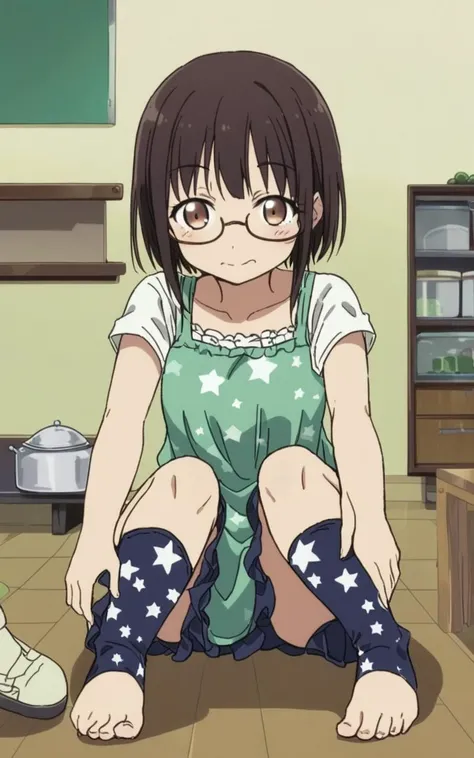 <lora:sdxl-sega-fujimiya:0.5>, fujimiya, 1girl, copper eyes, underrim-eyeglass, dark brown hair, short cut, sidelocks, bang, Gleeful, starry print sundress zettairyouiki (blue over knee socks), bare feet , extremely quality extremely detailed, illustration, cute anime face