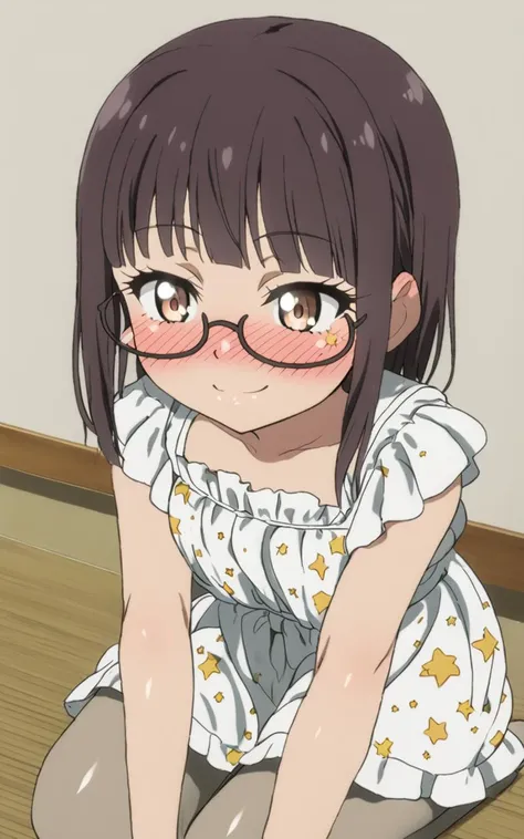 <lora:sdxl-sega-fujimiya:0.8>, fujimiya sumika 1girl, copper eyes eyelashes eyeliner underrim eyeglass, dark brown hair shiny hair short cut sidelocks bang squinting eyes smile blush starry print sundress, white blouse beige pantyhose +++ downcast look nose blush