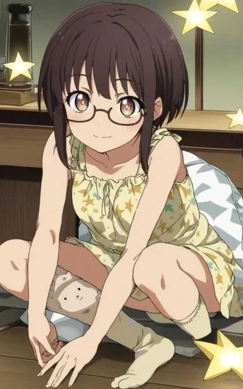 <lora:sdxl-sega-fujimiya:0.5>, fujimiya, 1girl, copper eyes, underrim-eyeglass, dark brown hair, short cut, sidelocks, bang, smile, coral sundress zettairyouiki (vermilion over knee socks), shoes , extremely quality extremely detailed, illustration, cute anime face