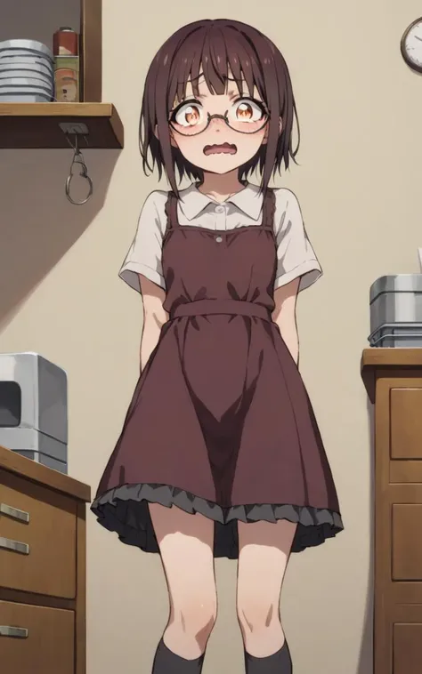 score_9, score_8_up, source_anime, <lora:sdxl-sega-fujimiya-pony:0.6>, solo, copper eyes, underrim eyeglass, dark brown hair, short cut, sidelocks, bang, 1girl, Fujimiya Sumika, dark gradient dress, gray checked skirt, drawers , wavy mouth, half opened mouth +++ , high socks short boots