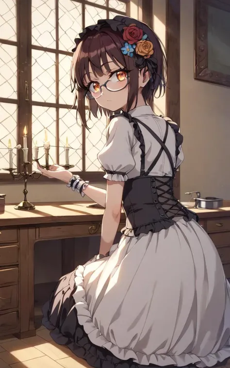 score_9, score_8_up, source_anime, <lora:sdxl-sega-fujimiya-pony:0.6>, solo, copper eyes, underrim eyeglass, dark brown hair, short cut, sidelocks, bang, 1girl, Fujimiya Sumika, lower eyelashes, upper eyelashes, eyeliner, Gothic Frilled dress, long skirt, Headdress, bowknot, hair ornament, vermilion hair flower, black fishnet_pantyhose, garter straps, Lace, cross-laced footwear, frilled blouse, ribbon-trimmed sleeves, puffy sleeves, lace glove , drawers +++ candlestick, stained glass, intricate gothic architecture , Bashful, Sitting, stump ,toward the buttocks, looking to the side, Birdfs Eye View, Bounce Light , contrapposto, dynamic pose, cinematic lighting, daytime, warm light sunset, rays light, sparkles, lens flare, deep shadows, depth of field, peerless, sentimental, Autumn leaves, maple leaves, fluttering, wind fantastic mackerel sky golden hour , wind