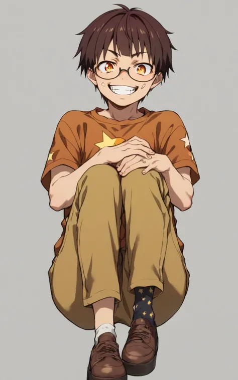 score_9, score_8_up, source_anime, <lora:sdxl-sega-fujimiya-pony:0.6>, solo, copper eyes, underrim eyeglass, dark brown hair, short cut, sidelocks, bang, 1boy, FujiShotaGirl, grin, vivid starry print pirinted Oversized shirt, amber pants , happy +++ Windbreaker , ankle socks platform shoes