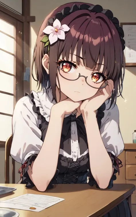 score_9, score_8_up, source_anime, <lora:sdxl-sega-fujimiya-pony:0.6>, solo, copper eyes, underrim eyeglass, dark brown hair, short cut, sidelocks, bang, 1girl, Fujimiya Sumika, lower eyelashes, upper eyelashes, eyeliner, Gothic Frilled dress, long skirt, Headdress, bowknot, hair ornament, gradient hair flower, black fishnet_pantyhose, garter straps, Lace, cross-laced footwear, frilled blouse, ribbon-trimmed sleeves, puffy sleeves, , drawers +++ Eternal Darkness , Gleeful, head rest on table, Sitting in a chair ,From a Distance, looking at another, Aerial Shot, Daylight , contrapposto, dynamic pose, cinematic lighting, daytime, strong light, glare, coming in light, rays light, sparkles, lens flare, deep shadows, caustics, golden hour, Melting Snow River , wind