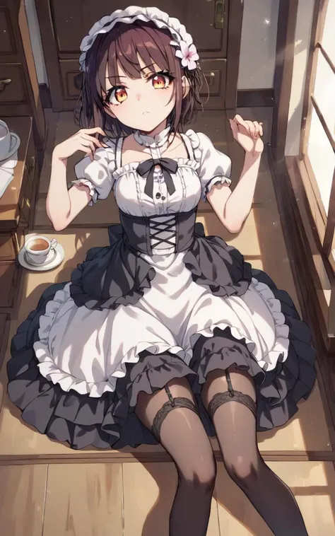 score_9, score_8_up, source_anime, <lora:sdxl-sega-fujimiya-pony:0.6>, solo, copper eyes, underrim eyeglass, dark brown hair, short cut, sidelocks, bang, 1girl, Fujimiya Sumika, lower eyelashes, upper eyelashes, eyeliner, Gothic Frilled dress, long skirt, Headdress, bowknot, hair ornament, vermilion hair flower, black fishnet_pantyhose, garter straps, Lace, cross-laced footwear, frilled blouse, ribbon-trimmed sleeves, puffy sleeves, , drawers +++ Temple of Darkness , Rejoicing, merowick pose ,on back, looking down, High Angle, High-Key Lighting , contrapposto, dynamic pose, cinematic lighting, daytime, strong light, glare, coming in light, rays light, sparkles, lens flare, deep shadows, caustics, golden hour, Tea plantation , wind