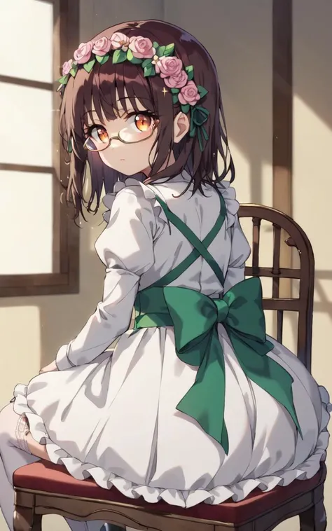 score_9, score_8_up, source_anime, <lora:sdxl-sega-fujimiya-pony:0.6>, solo, copper eyes, underrim eyeglass, dark brown hair, maduim hair, sidelocks, bang, 1girl, Fujimiya Sumika, intricate, yumekawaii, cute dress, green ribbon silver bow, intricate frilled, long sleeves, light green intricate ballgown long dress, puffy sleeves, , intricate hair ornament, black flower crown , frilled bloomers, white stocking with flower pattern, garter straps, intricate Lace, cross-laced footwear boots +++ Castle Gardens , Jubilant, Sitting, simple chair ,POV, looking back, face to tiptoe, Fill Light , contrapposto, dynamic pose, cinematic lighting, daytime, warm light sunset, rays light, sparkles, lens flare, deep shadows, depth of field, peerless, sentimental, rose garden fantastic strong light wind light coming in, (royal garden rose) many rose, British Garden Rose Arch , wind