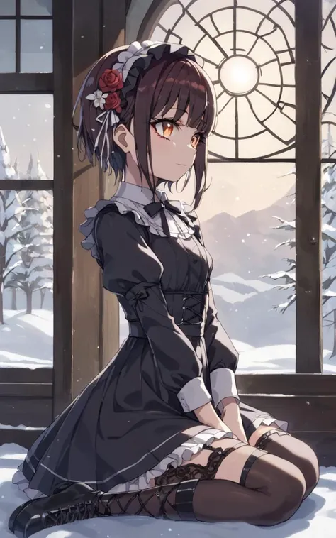 score_9, score_8_up, source_anime, <lora:sdxl-sega-fujimiya-pony:0.6>, solo, copper eyes, underrim eyeglass, dark brown hair, short cut, sidelocks, bang, 1girl, Fujimiya Sumika, lower eyelashes, upper eyelashes, eyeliner, Gothic Frilled dress, long skirt, Headdress, bowknot, hair ornament, gray hair flower, black fishnet_pantyhose, garter straps, Lace, cross-laced footwear, frilled blouse, ribbon-trimmed sleeves, puffy sleeves, , Panniers, tulle +++ candlestick, stained glass, intricate gothic architecture , smirk, Sitting, on knee ,From Up, looking away, Profile Shot, Side Light , contrapposto, dynamic pose, cinematic lighting, daytime, warm light sunset, rays light, sparkles, lens flare, deep shadows, depth of field, peerless, sentimental, detailed beautiful Snow, Forest with Trees spirit, ((Snowflakes)),floating snow flow , wind