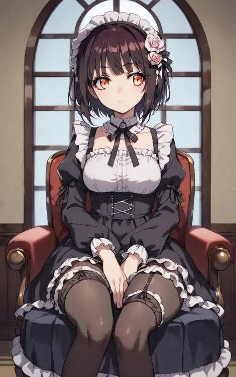 score_9, score_8_up, source_anime, <lora:sdxl-sega-fujimiya-pony:0.6>, solo, copper eyes, underrim eyeglass, dark brown hair, short cut, sidelocks, bang, 1girl, Fujimiya Sumika, lower eyelashes, upper eyelashes, eyeliner, Gothic Frilled dress, long skirt, Headdress, bowknot, hair ornament, black hair flower, black fishnet_pantyhose, garter straps, Lace, cross-laced footwear, frilled blouse, ribbon-trimmed sleeves, puffy sleeves, , bloomers +++ Vampire Palace , pupils sparkling, Sitting, chair ,on back, looking to the side, cowboy shot, Color Temperature , contrapposto, dynamic pose, cinematic lighting, nighttime, night, Gaslight, moon light, sight light, perfect darkness, perfect shadow, River Delta , wind