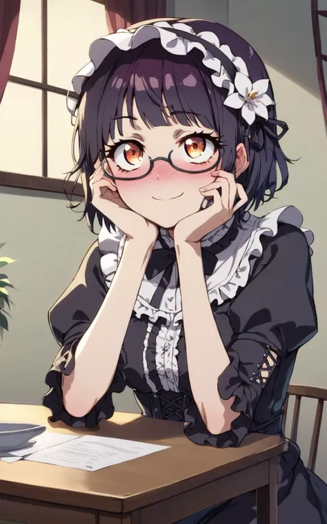 score_9, score_8_up, source_anime, <lora:sdxl-sega-fujimiya-pony:0.6>, solo, copper eyes, underrim eyeglass, dark brown hair, short cut, sidelocks, bang, 1girl, Fujimiya Sumika, lower eyelashes, upper eyelashes, eyeliner, Gothic Frilled dress, long skirt, Headdress, bowknot, hair ornament, vermilion hair flower, black fishnet_pantyhose, garter straps, Lace, cross-laced footwear, frilled blouse, ribbon-trimmed sleeves, puffy sleeves, , Panniers, tulle +++ Gate of the Grim Reaper , embarrassed nose blush smile, head rest on table, Sitting in a chair ,From Up, looking up, Wormfs Eye View, Fill Light , contrapposto, dynamic pose, cinematic lighting, nighttime, night, Gaslight, moon light, sight light, perfect darkness, perfect shadow, Milky Way, beautiful detailed glow, blink stars , wind