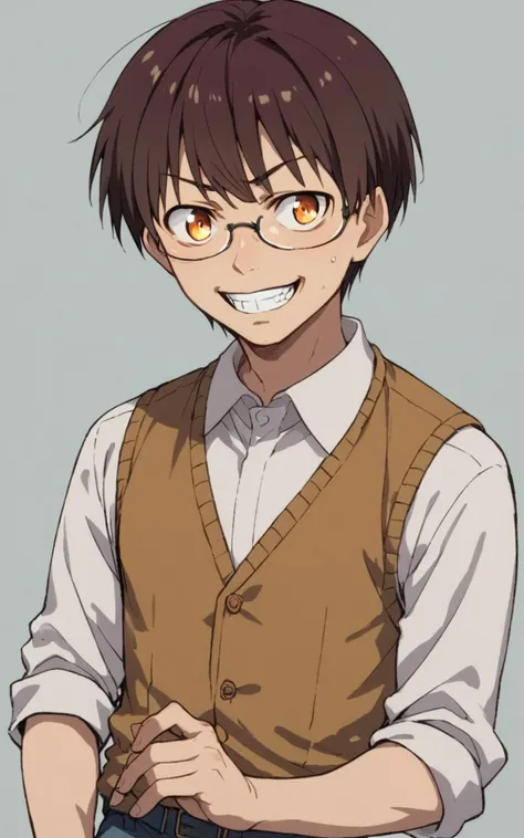score_9, score_8_up, source_anime, <lora:sdxl-sega-fujimiya-pony:0.6>, solo, copper eyes, underrim eyeglass, dark brown hair, short cut, sidelocks, bang, 1boy, FujiShotaGirl, grin, light silver pirinted dress shirt, vest, amber denim long pants , :D +++ ,  thighhighs monk strap