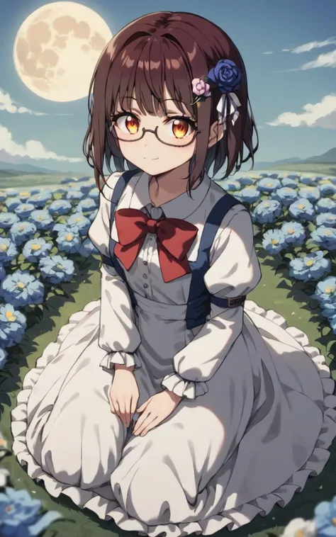 score_9, score_8_up, source_anime, <lora:sdxl-sega-fujimiya-pony:0.6>, solo, copper eyes, underrim eyeglass, dark brown hair, maduim hair, sidelocks, bang, 1girl, Fujimiya Sumika, intricate, yumekawaii, cute dress, blue ribbon red bow, intricate frilled, long sleeves, bright red intricate ballgown long dress, puffy sleeves, lace glove , intricate hair ornament, sky blue flowers hair ornament , frilled bloomers, white stocking with flower pattern, garter straps, intricate Lace, cross-laced footwear boots +++ Cursed Tower , happy, arms at viwer ,from above, looking at another, wide shot from above sitting, Cool Light , contrapposto, dynamic pose, cinematic lighting, nighttime, night, Gaslight, moon light, sight light, perfect darkness, perfect shadow, many flower garden field, sky, incoming clouds , wind