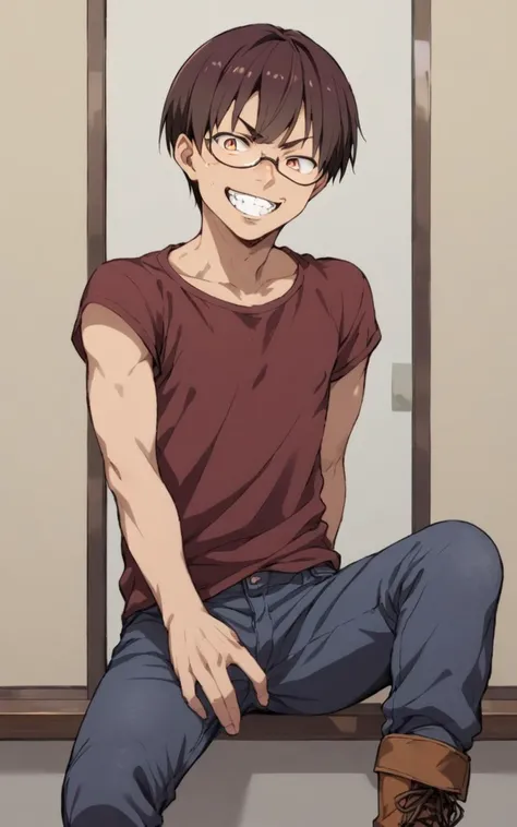 score_9, score_8_up, source_anime, <lora:sdxl-sega-fujimiya-pony:0.6>, solo, copper eyes, underrim eyeglass, dark brown hair, short cut, sidelocks, bang, 1boy, FujiShotaGirl, grin, light pink pirinted Blouse, purple denim long pants , Rejoicing +++ , pantyhose knee high boots