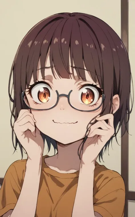 score_9, score_8_up, source_anime, <lora:sdxl-sega-fujimiya-pony:0.6>, solo, copper eyes, underrim eyeglass, dark brown hair, short cut, sidelocks, bang, 1girl, Fujimiya Sumika, sky blue overall, amber T-shirt , wavy mouth, smile +++ , slouch socks Moccasins