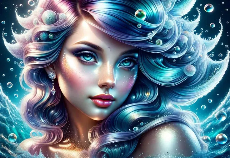 (masterpiece), best quality, ultra-detailed, an extremely beautiful mermaid with glowing and iridescent scales, close up shot, dynamic pose and expression, deep and magical ocean atmosphere, (oceanic hair+blue eyes), (underwater lighting+wavy water), watercolor.