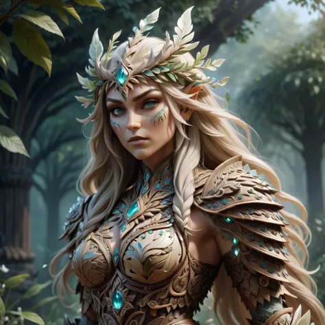 ornate druidic wooden armour made of flowers crystal accents, warrior princess with long flowing blonde hair