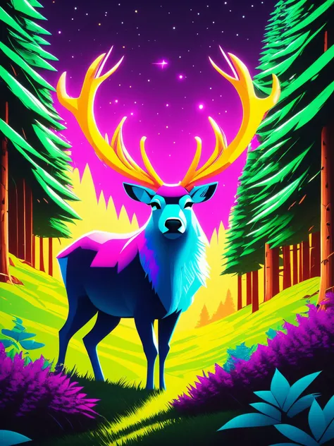 illustration, digital art, basety style,  cherrmous style,
reindeer, animal focus,
medium shot, sharp focus, magical forest, high resolution, best quality, 4k, UHD, unreal engine,
focused,
cgsociety, detailed,
[(colorful explosion psychedelic toxic neon paint colors:1.2)::0.50],