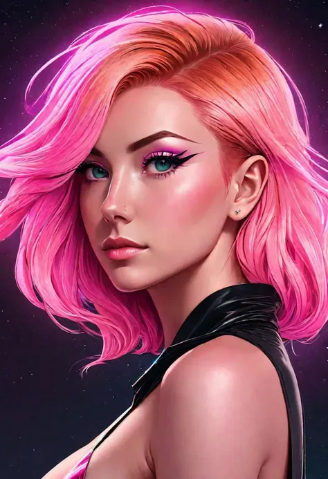 woman, solo, pink hair, squinted eyes, mage, drdjns style, realistic, ([beautiful celebrity face]:0.95), middle full body shot, ( [thepit style|owler style]:0.9), anime, ultra detailed digital art, [normal breast], masterpiece, professional, high quality, beautiful, amazing psychedelic art, synthwave, suicidegirl,, (opened pink Blazer, no tank top), medium hair, masterpiece, highres, 4k, detailed background, striped, (foggy:0.8), by Terry Oakes, by John Romita Jr,