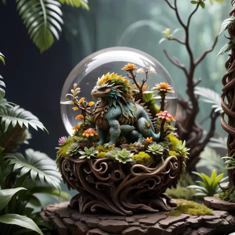 druidic (transparent_amber_orb:1.25) (containing a terrarium:1.2) with little miniature shrunken turtles with (flower hats:1.2)