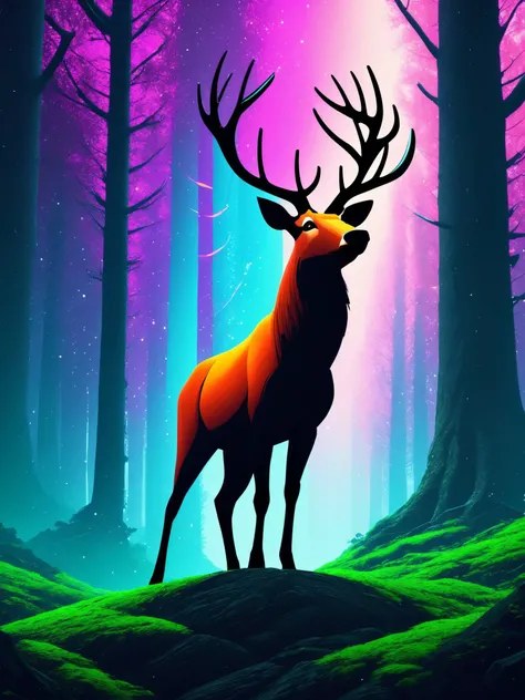 illustration, digital art, basety style,  thepit style,
reindeer, animal focus,
medium shot, sharp focus, magical forest, high resolution, best quality, 4k, UHD, unreal engine,
focused,
cgsociety, detailed,
[(colorful explosion psychedelic toxic neon paint colors:1.2)::0.50],