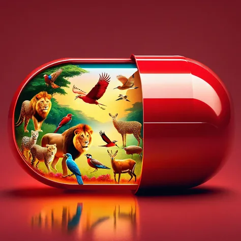 red pill, pill that opens to reveal various wild animals inside, symbolizing nature's diversity and beauty, These animals, such as a majestic lion, graceful deer, colorful birds, and perhaps a sleek leopard, are depicted in peaceful, harmonious settings within the pill, like a lush forest or a tranquil savanna, The glossy red exterior of the pill contrasts with the calm, nature-inspired backgrounds, highlighting the wild and beautiful scenes within
<lora:red_pill:1>