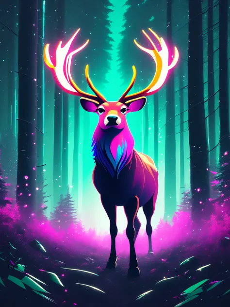 illustration, digital art, basety style,  owler style,
reindeer, animal focus,
medium shot, sharp focus, magical forest, high resolution, best quality, 4k, UHD, unreal engine,
focused,
cgsociety, detailed,
[(colorful explosion psychedelic toxic neon paint colors:1.2)::0.50],