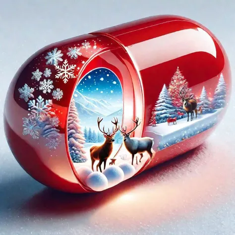 red pill, pill partially see-through, high contrast, amazing detailed, snow scene with reindeer inside the pill, winter, Christmas theme magic inside, colorful
<lora:red_pill:1>