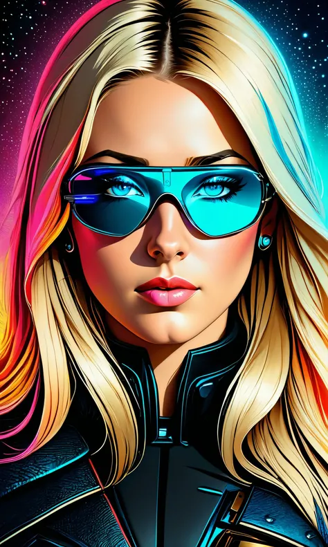 illustration, cartoon, woman, solo, blond straight hair, lucid blue eyes, 
Scandinavian, swiss, glowing neon, colorful, abbe bi style,
([Kat Dennings|Monica Bellucci|Kate Hudson]:0.85), middle shot, 
 verism style, sci-fi, cyberpunk, pop art, fantasy world, large breast, 
masterpiece, professional, high quality, beautiful, amazing, mid-century, 
ConceptArtWorld, leather armor, fur, bracelets, embroidered, long hair, 
masterpiece, highres, 4k, detailed background, functional, (adorable:0.8), by Lale Westvind, by Henry Raleigh,