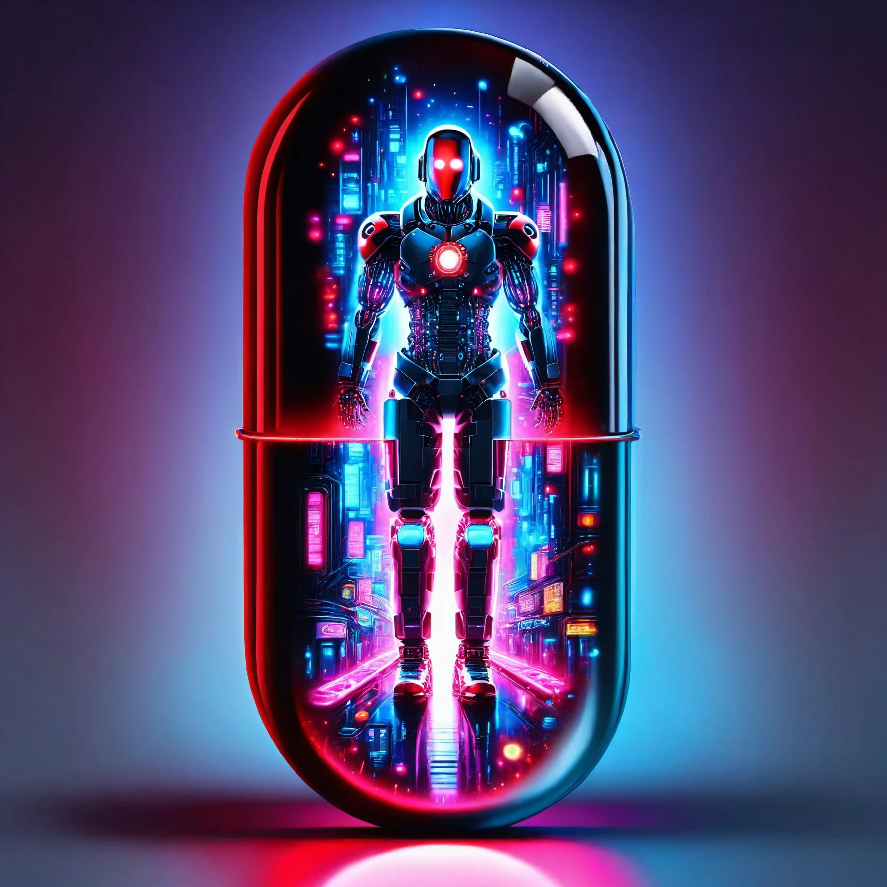 red pill, part of pill is transparent, revealing a cyberpunk-themed robot inside, The robot is designed with futuristic elements and is set against the backdrop of a neon-lit cyberpunk city within the pill, The vivid colors inside the pill, including electric blues, neon pinks, and metallic grays, create a compelling contrast with the solid red, glossy finish of the other part of the pill,
<lora:red_pill:1>