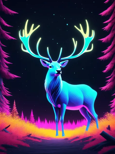 illustration, digital art, basety style,  othalama style,
reindeer, animal focus,
medium shot, sharp focus, magical forest, high resolution, best quality, 4k, UHD, unreal engine,
focused,
cgsociety, detailed,
[(colorful explosion psychedelic toxic neon paint colors:1.2)::0.50],