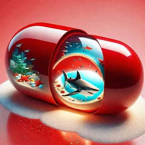 red pill, pill partially see-through, high contrast, amazing detailed, beach scene with shark inside the pill, winter, summer theme magic inside, colorful
<lora:red_pill:1>