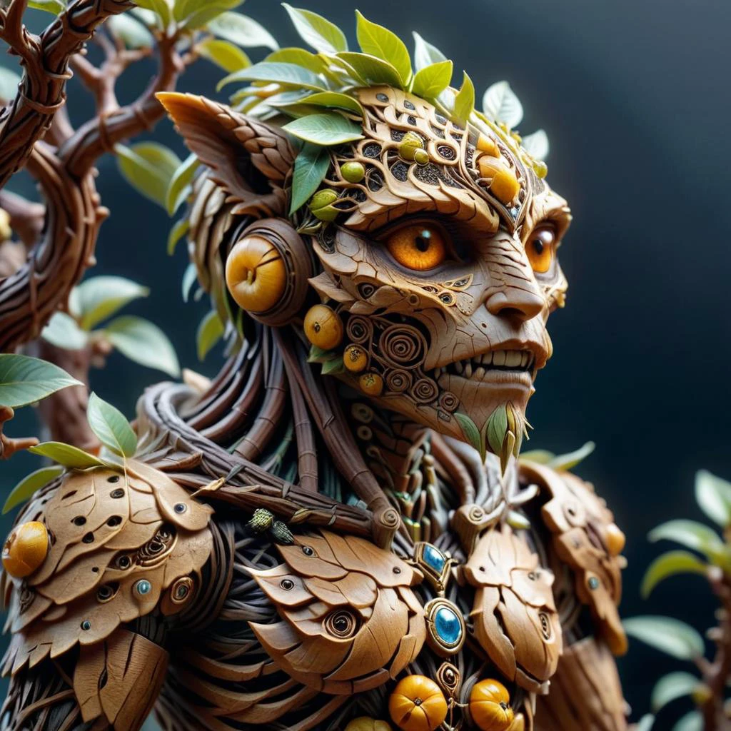 Microscopic tree with golden fruit and flowers bonsai, miniature druidic tree spirit face of a wolf