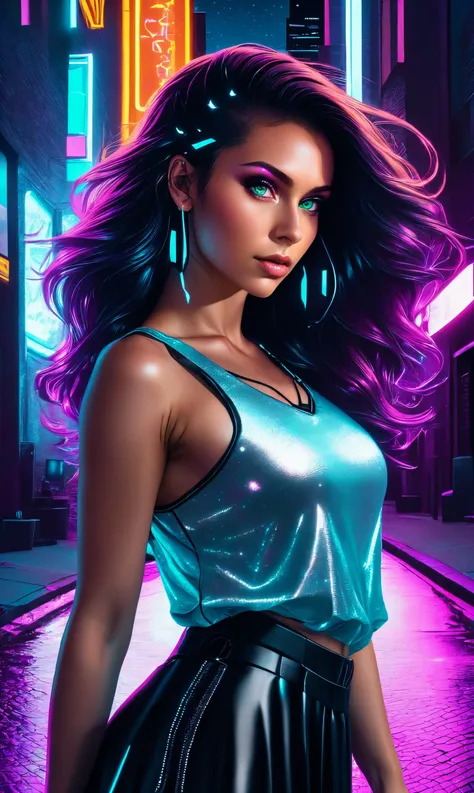 othalama style, photo of young ([Nina Dobrev|riley star|Emma Roberts]:0.9), adult woman, solo, 
A mesmerizing female cyberpunk street artist, creating a vivid and detailed holographic mural in a neon-lit urban alley, 
Amazing fine detail, glowing eyes, [(colorful explosion psychedelic paint colors:1.11)::0.15], detailed background, r
ound cute face, hazel eyes, detailed clothes, skinny, shinny glossy skin, subsurface scattering, (gothic:0.8), 
hair up, bangs, frills, skirt, Nikon D850 film stock photograph Kodak Portra 400 camera f1.6 lens, rich colors, lifelike texture,
dramatic lighting, unreal engine, trending on ArtStation, cinestill 800 tungsten