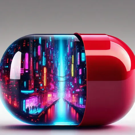 red pill, portion that is transparent, revealing a vibrant cyberpunk cityscape inside, The cyberpunk city is depicted with neon lights, towering skyscrapers, and futuristic technology, offering a dynamic and complex urban scene, The vivid colors within the city contrast with the solid red, glossy finish of the other part of the pill, highlighting the juxtaposition between the ordinary and the futuristic
<lora:red_pill:1>