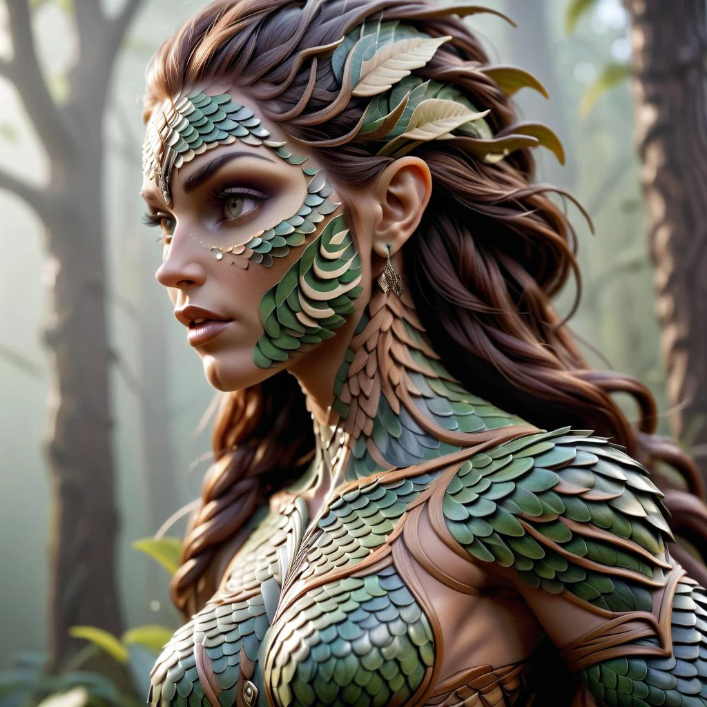 high quality RAW professional photograph of (attractive muscled dryad woman), ornate wooden skin carved into scales, ornate scale pattern, epic, magnificent, wondrous