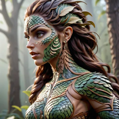 high quality RAW professional photograph of (attractive muscled dryad woman), ornate wooden skin carved into scales, ornate scale pattern, epic, magnificent, wondrous