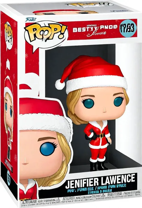 Funko Pop, beautiful woman, Jennifer Lawrence, in a Funko Pop box, English text, wearing a santa costume, red hat, basety style
