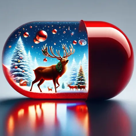 red pill, pill partially see-through, high contrast, amazing detailed, snow scene with reindeer inside the pill, winter, Christmas theme magic inside, colorful
<lora:red_pill:1>