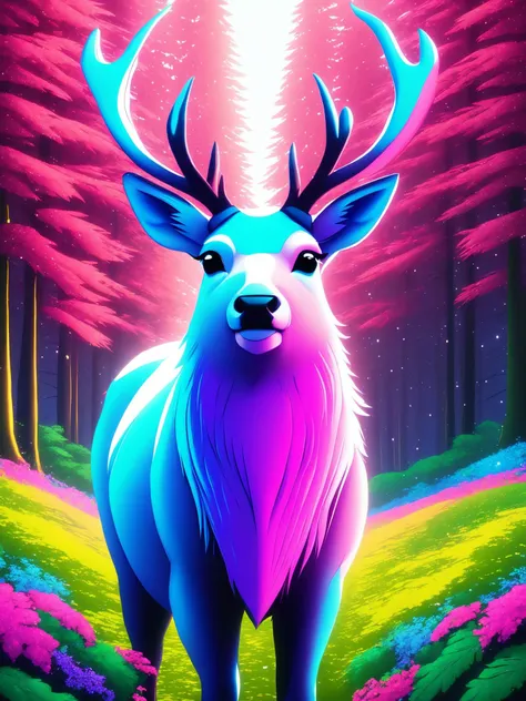 illustration, digital art, basety style,  seviechan style,
reindeer, animal focus,
medium shot, sharp focus, magical forest, high resolution, best quality, 4k, UHD, unreal engine,
focused,
cgsociety, detailed,
[(colorful explosion psychedelic toxic neon paint colors:1.2)::0.50],