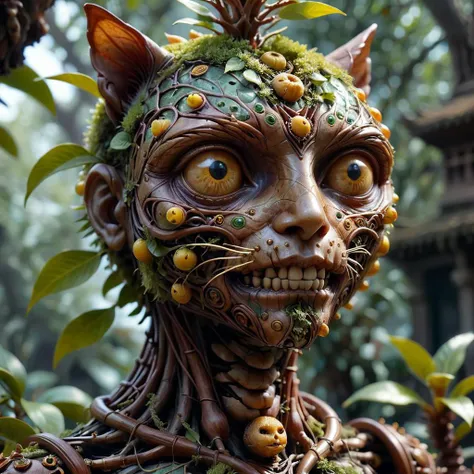 Microscopic tree with golden fruit and flowers bonsai, miniature druidic tree spirit (face of a cat:1.4)