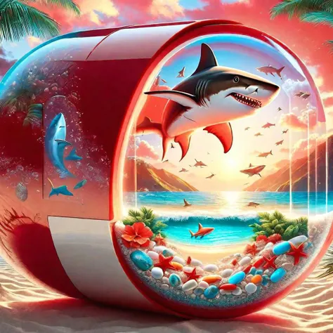 red pill, pill partially see-through, high contrast, amazing detailed, beach scene with shark inside the pill, winter, summer theme magic inside, colorful
<lora:red_pill:1>