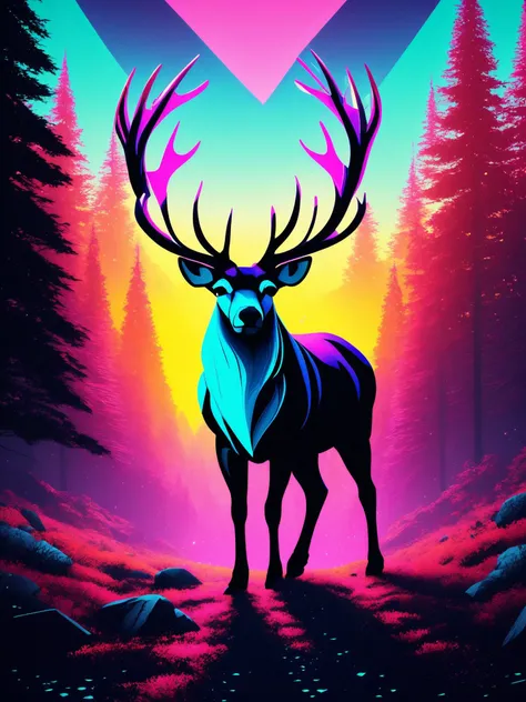 illustration, digital art, basety style,  amime,
reindeer, animal focus,
medium shot, sharp focus, magical forest, high resolution, best quality, 4k, UHD, unreal engine,
focused,
cgsociety, detailed,
[(colorful explosion psychedelic toxic neon paint colors:1.2)::0.50],