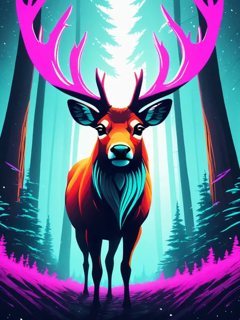 illustration, digital art, basety style,  samdoesart style,
reindeer, animal focus,
medium shot, sharp focus, magical forest, high resolution, best quality, 4k, UHD, unreal engine,
focused,
cgsociety, detailed,
[(colorful explosion psychedelic toxic neon paint colors:1.2)::0.50],