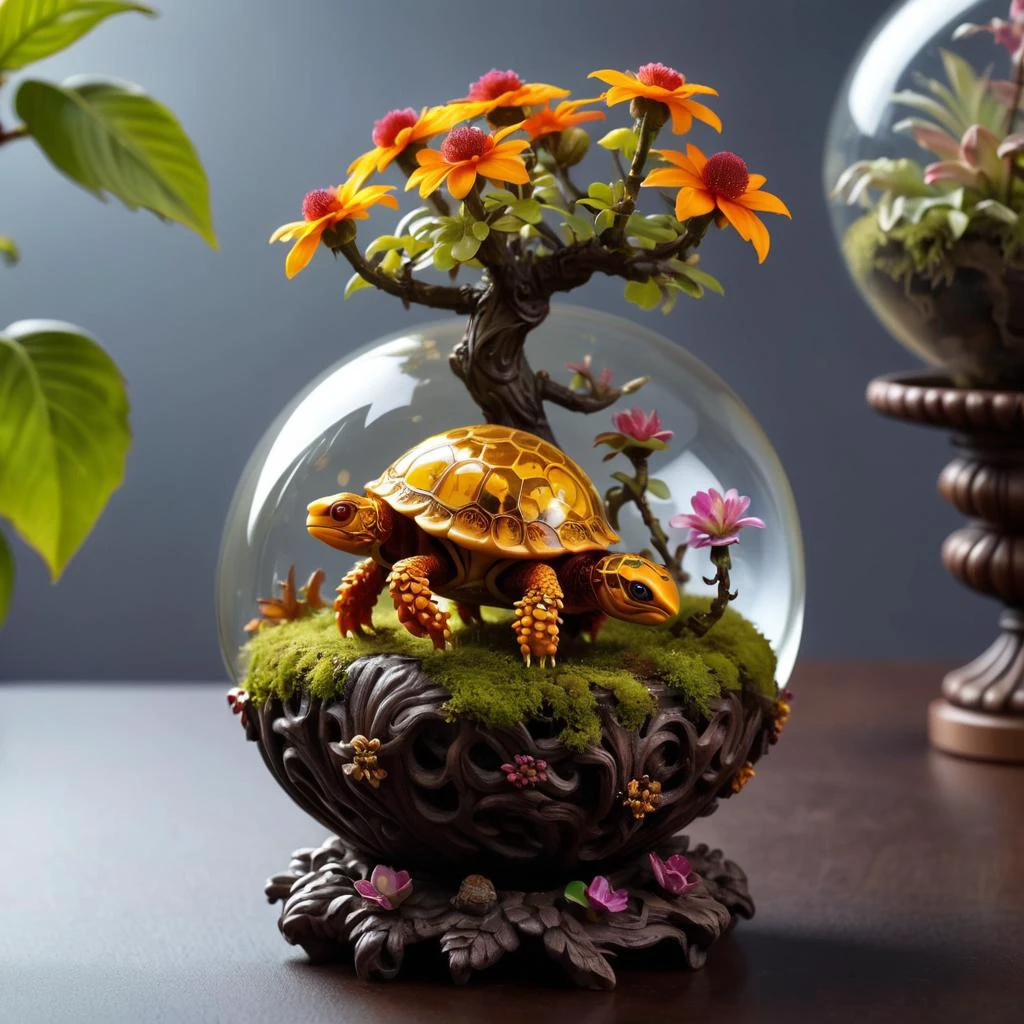 druidic (glass amber orb:1.25) (containing a terrarium:1.2) with little miniature shrunken turtles with (flower hats:1.2)