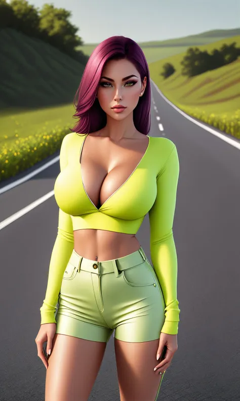 basety style, cowboyshot, 1girl, (23 years old beautiful woman), Plum hair,
huge breast,thin waist, wide pelvis, Chartreuse clothes, highway, delicate,
cinematic light, realistic details, sharp focus, detailed skin,clear image, medium shot, clear image