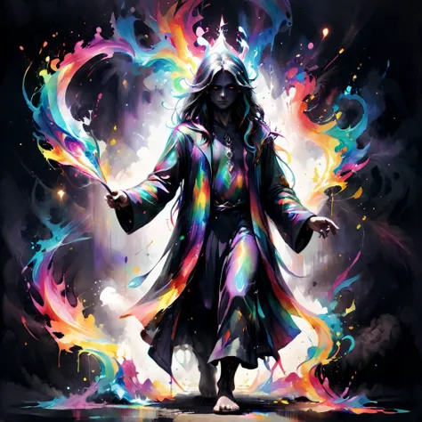 a vanta black magick wielding wizard walking away from the viewer wearing flowing rainbow robes, High-quality, Hyper-maximalism, abstract, negative space, extremely intricate, prismatic colors, glimmering oils,a vanta black magick wielding wizard walking towards the viewer wearing flowing rainbow robes, High-quality, Hyper-maximalism, abstract, negative space, extremely intricate, prismatic colors, glimmering oils