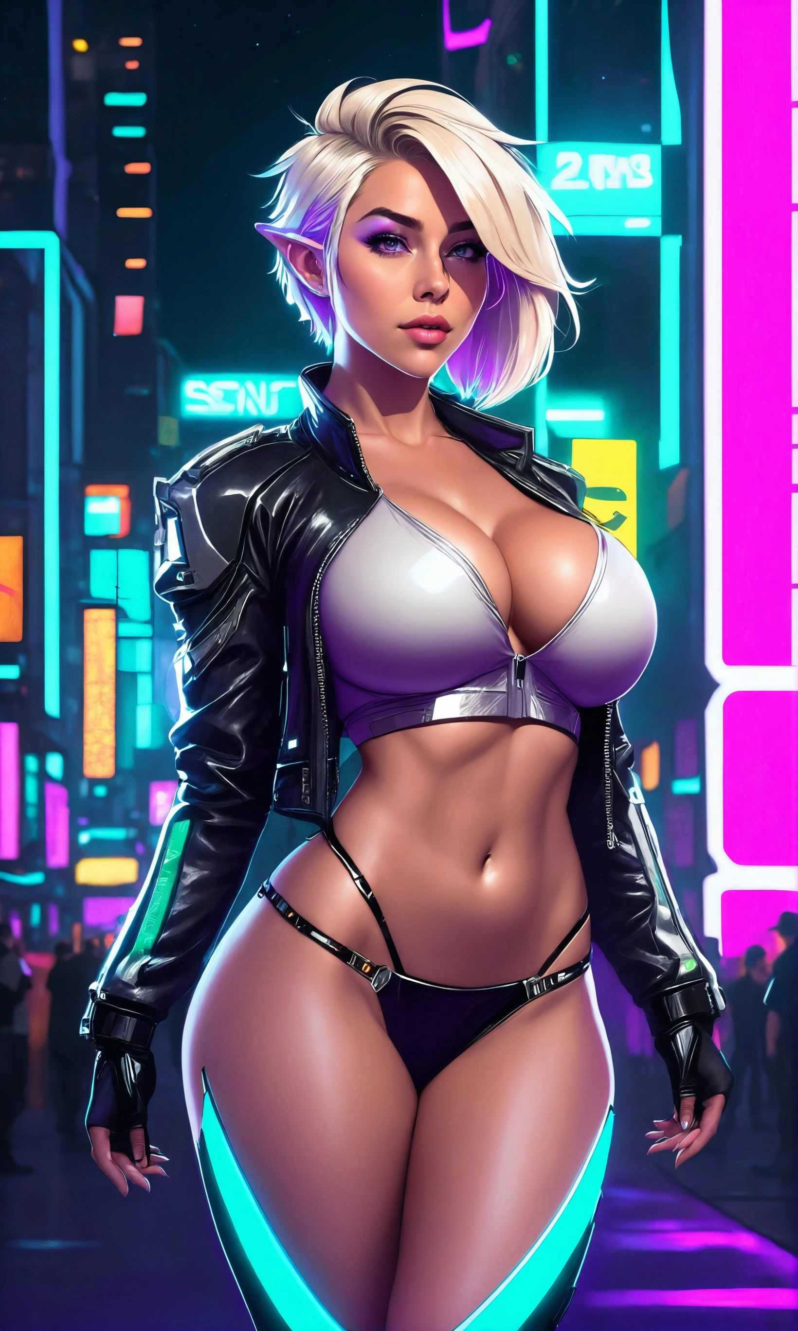 realistic, ([Emilia Clarke|brandi bae|Sofa Vergara]:1.0) elf ears, dirty, detailed skin, midjourney style, verism style, centered, facing viewer, 
best quality, ultra-detailed, detailed skin, waist up, dynamic angle, candid pose, bright and colorful, aesthetically beautiful, rule of thirds,
flirting with viewer, flirting with camera, 20 year old woman, elf, athletic body, platinum blonde hair, pixie cut, huge breasts,
Purple tank top, (underboob:1.1), side boob, bolero jacket, thigh high boots, skindentation, high waisted thong, android, cyberpunk aesthetic, sci-fi,
future tech, future city, stars, night club, bright neon lights, large neon street signs, cinematic lighting, dimly lit, low key, rim light, intricate background,  bokeh
masterpiece,