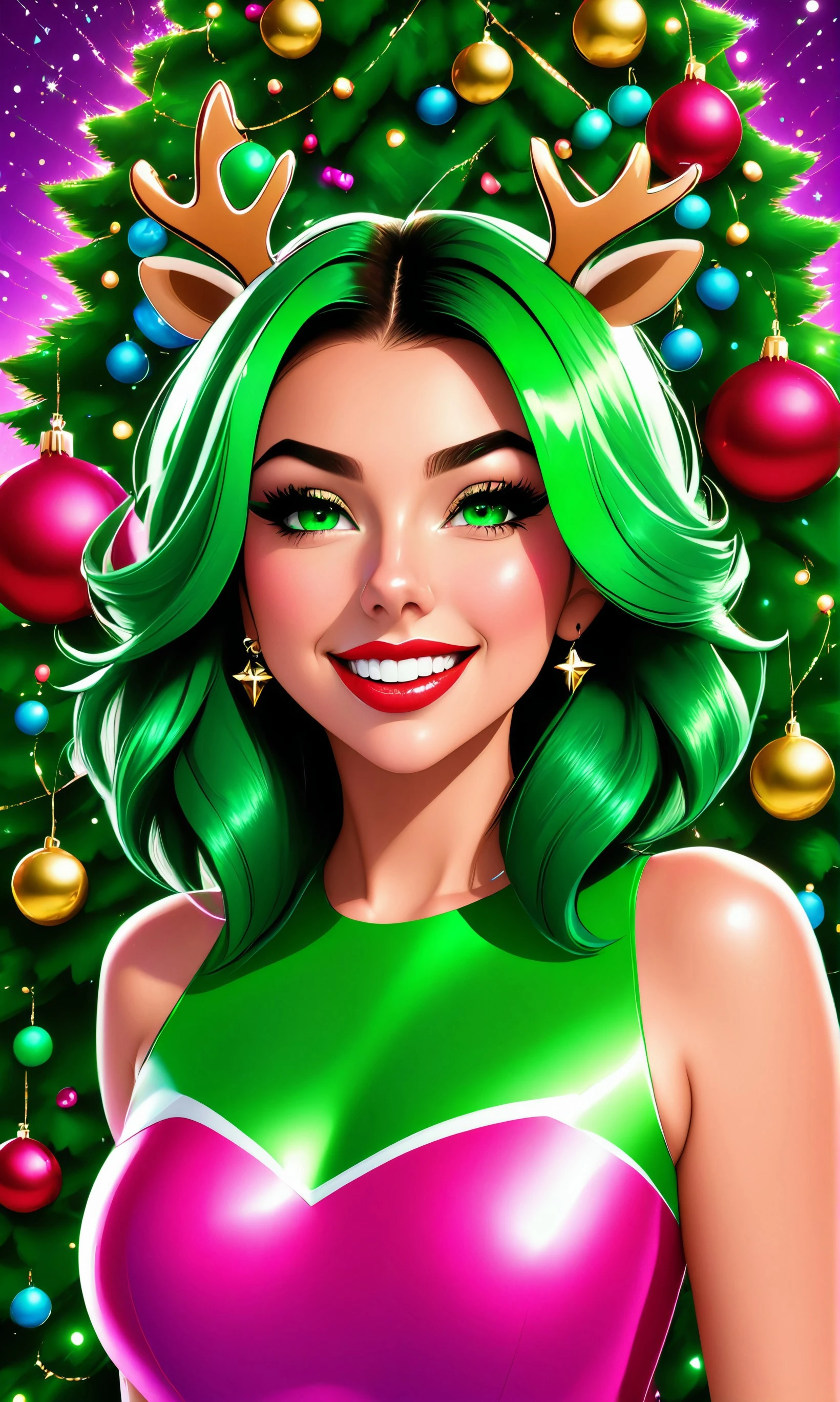 basety style, abbe bi style, ([Emily Ratajkowski|Audra Miller|Taylor Swift|ivy lebelle]:1.0) standing, glowing green hair, reindeer costume, middle shot, centered, looking at viewer, red dress,
21 year old woman, glamour eyes, interior design, studio, reholiday theme, sparkling starburst green eyeshadow, Christmas, Christmas tree background,
mascara, plush lips, pink lipstick, smile, straight white teeth, shiny skin,
alluring, attractive, amazing, masterpiece, best quality, (grumpy:0.7),