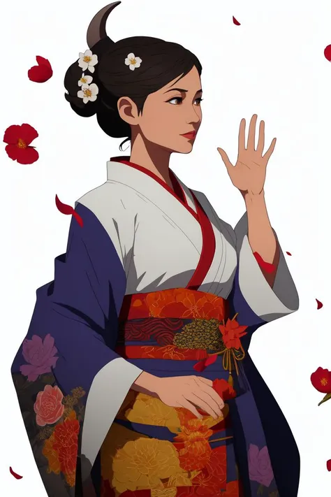 (waving:1.3), dragonage style, masterpiece, best quality, (masterpiece:1.3), (best quality:1.3), 1girl, (oni:1.3), kimono, flowers and petals, beautiful concept illustration, (white background:1.3),